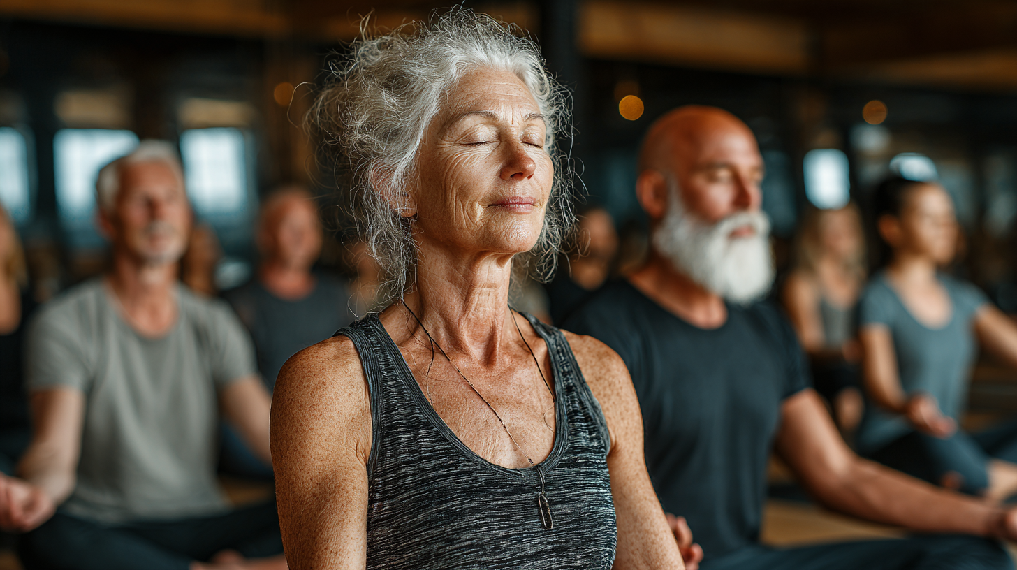 Люди зрілого віку виконують йога вправи на гнучкість
